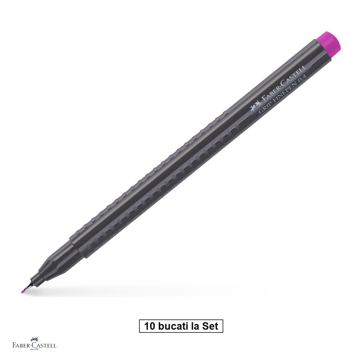 Set 10 linere Faber-Castell Grip Finepen, varf 0,4 mm montat in metal, cerneala pe baza de colorant alimentar, forma triunghiulara cu zona Grip, se spala din textile, carmin, antiderapante [1]