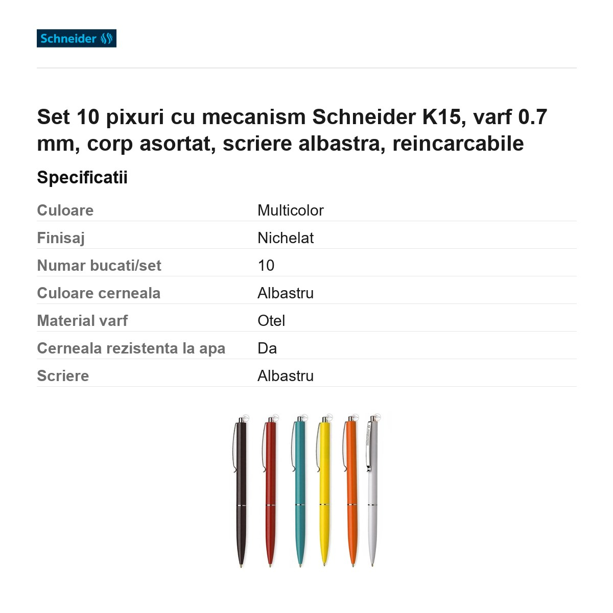 Set 10 pixuri cu mecanism Schneider K15, varf 0.7 mm, corp asortat, scriere albastra, reincarcabile [3]