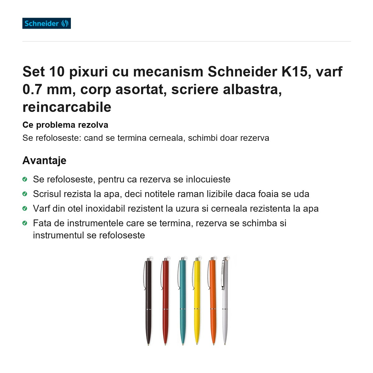 Set 10 pixuri cu mecanism Schneider K15, varf 0.7 mm, corp asortat, scriere albastra, reincarcabile [2]