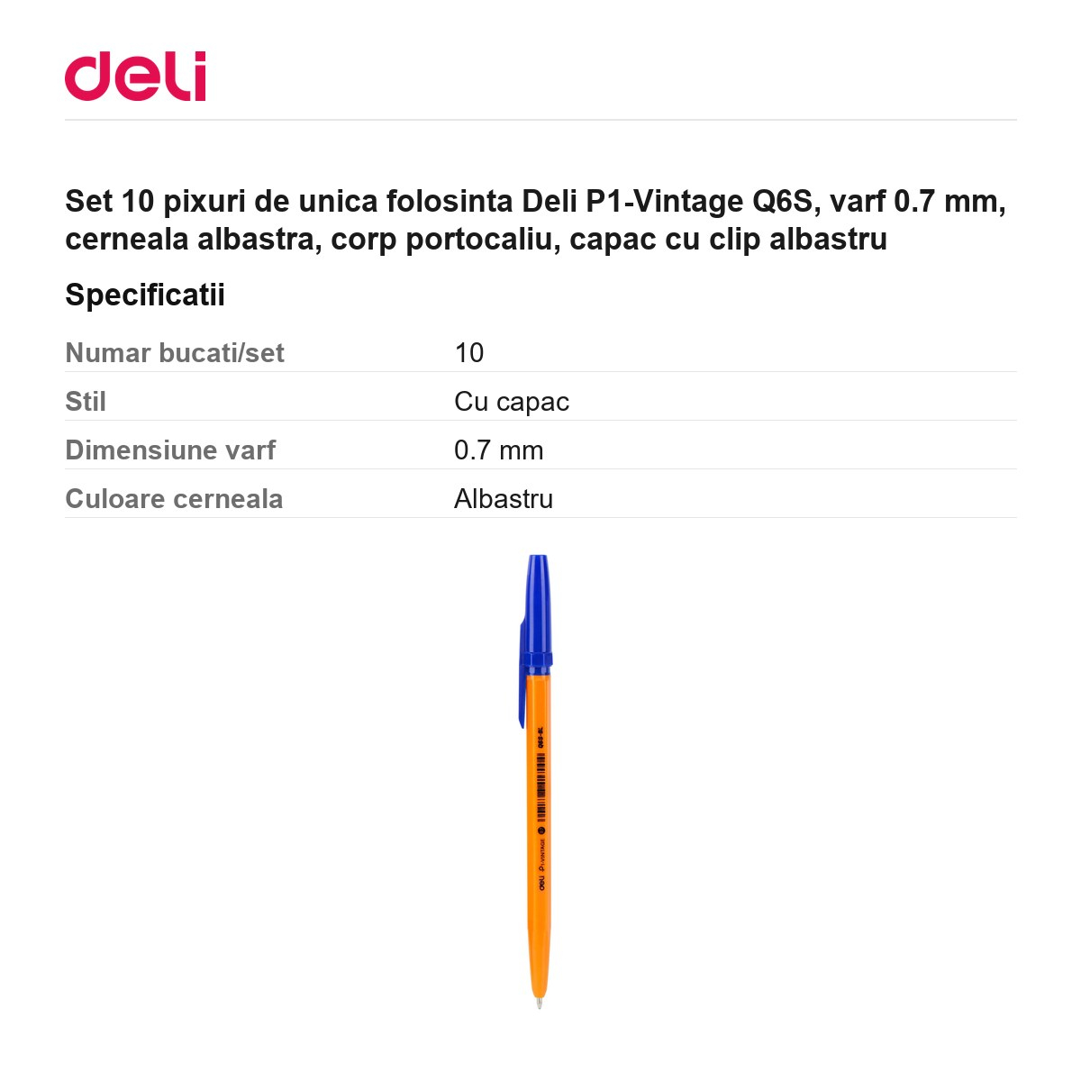 Set 10 pixuri de unica folosinta Deli P1-Vintage Q6S, varf 0.7 mm, cerneala albastra, corp portocaliu, capac cu clip albastru [3]