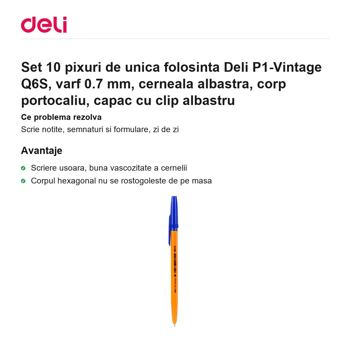 Set 10 pixuri de unica folosinta Deli P1-Vintage Q6S, varf 0.7 mm, cerneala albastra, corp portocaliu, capac cu clip albastru [2]