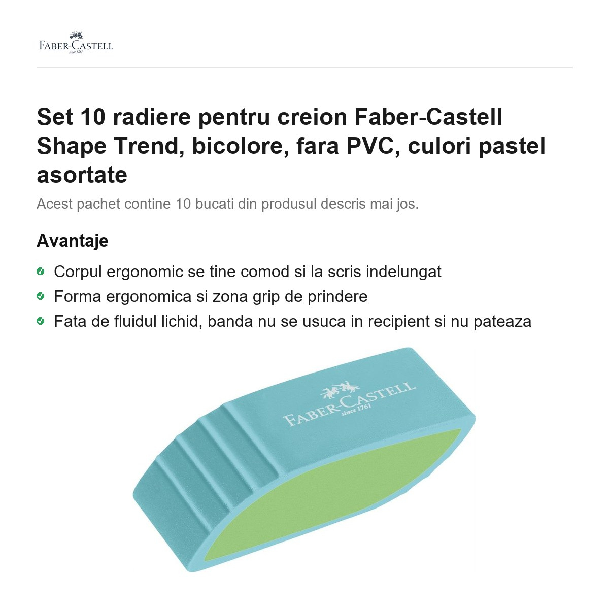 Set 10 radiere pentru creion Faber-Castell Shape Trend, bicolore, fara PVC, culori pastel asortate [2]