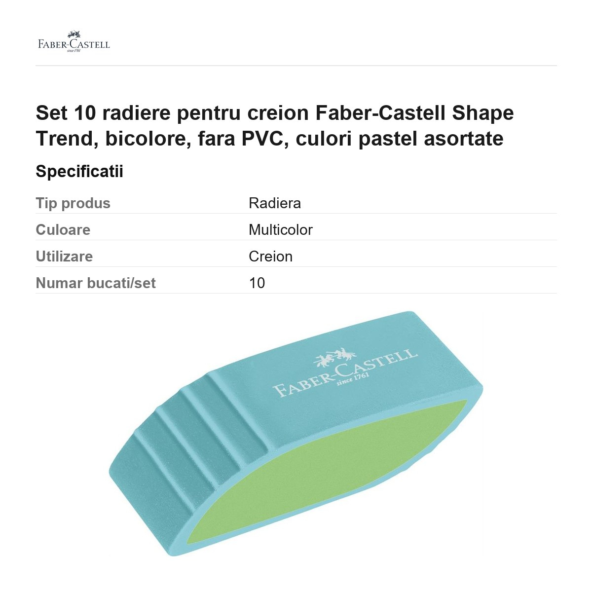Set 10 radiere pentru creion Faber-Castell Shape Trend, bicolore, fara PVC, culori pastel asortate [3]