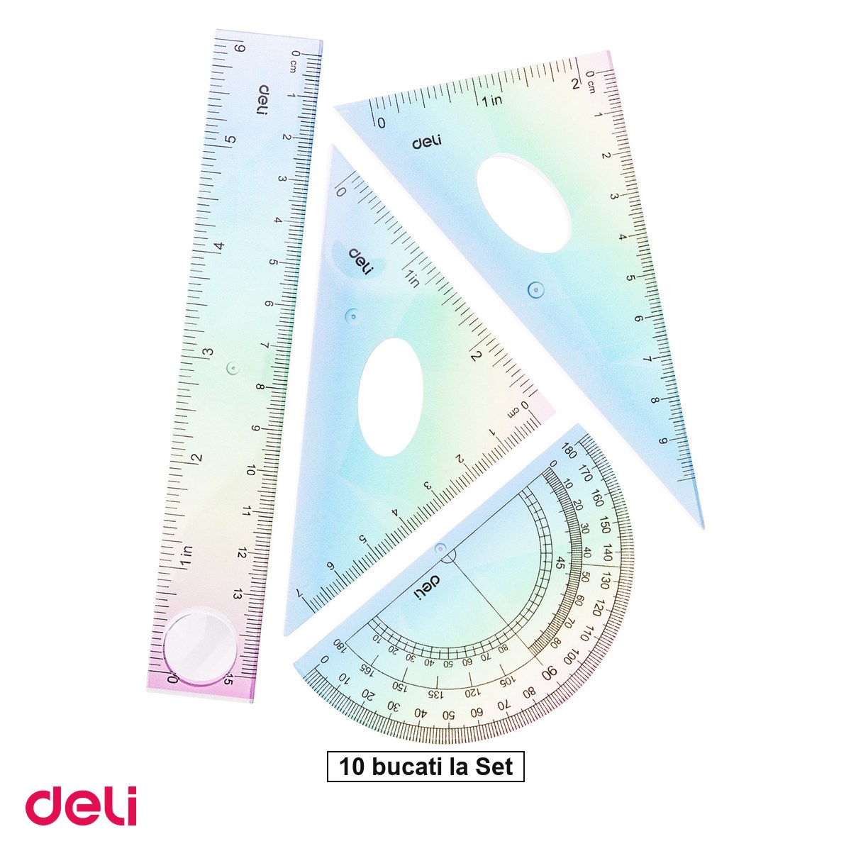 Set 10 seturi geometrie Deli 4 piese multicolor, rigla 15cm, echere si raportor, pentru scoala [1]