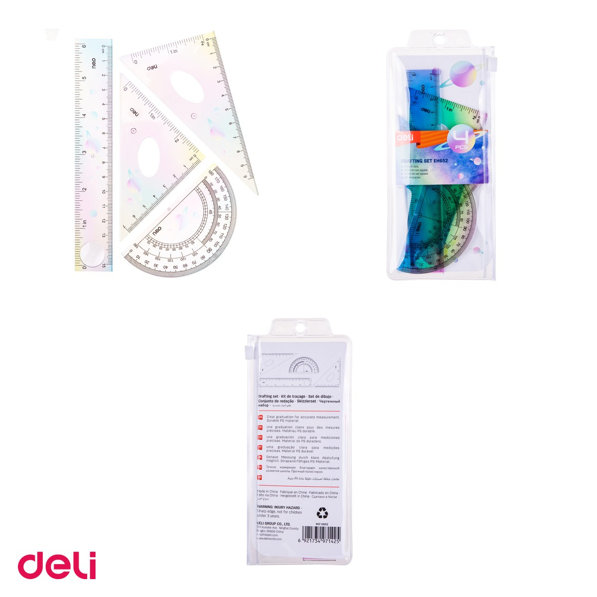 Set 10 seturi geometrie Deli 4 piese multicolor, rigla 15cm, echere si raportor, pentru scoala [4]