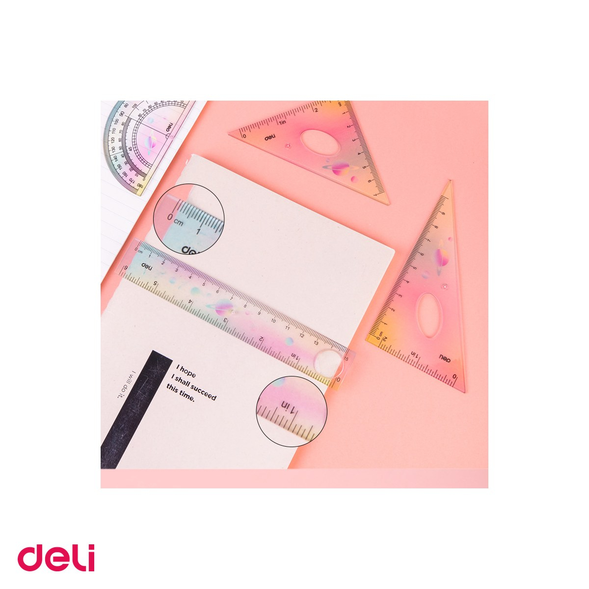 Set 10 seturi geometrie Deli 4 piese multicolor, rigla 15cm, echere si raportor, pentru scoala [5]
