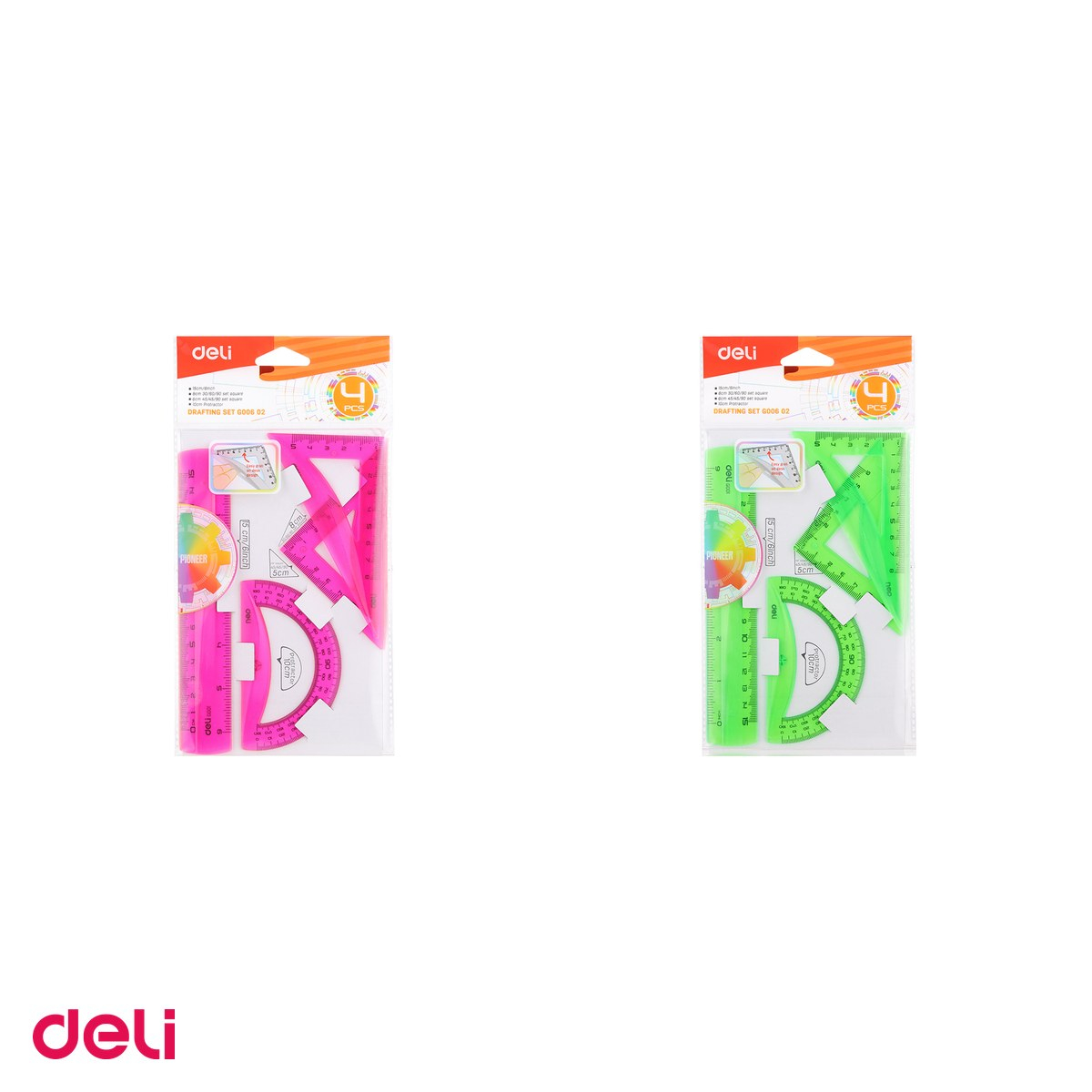 Set 10 seturi geometrie deli color fluorescent 4 piese, rigla echer raportor, pentru scoala [4]