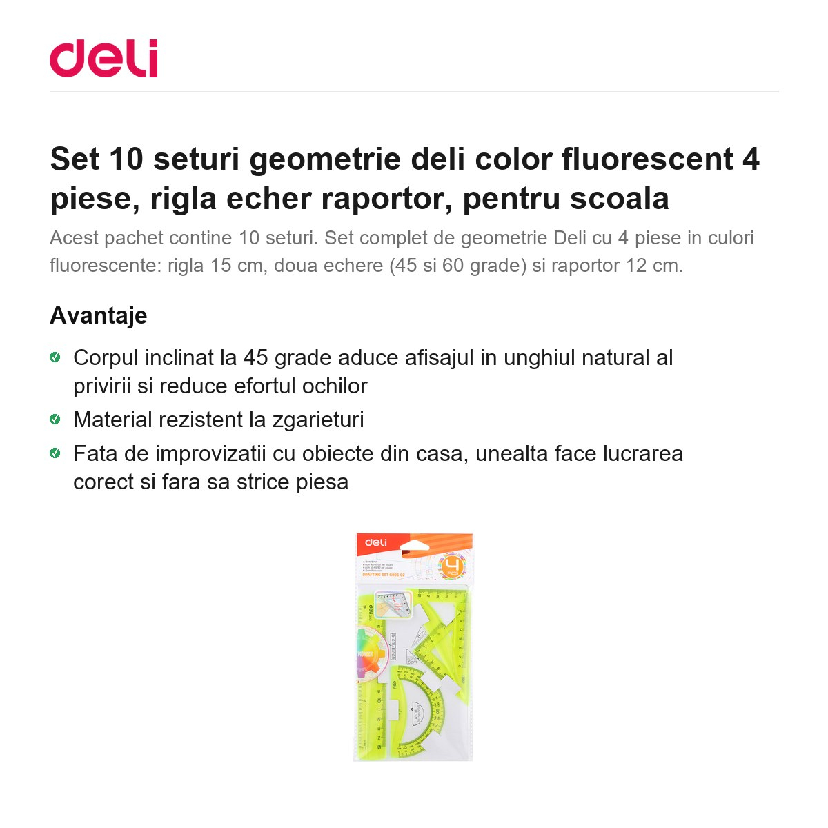 Set 10 seturi geometrie deli color fluorescent 4 piese, rigla echer raportor, pentru scoala [2]