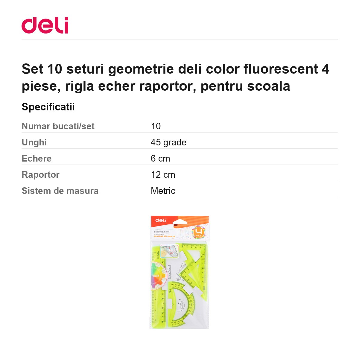 Set 10 seturi geometrie deli color fluorescent 4 piese, rigla echer raportor, pentru scoala [3]