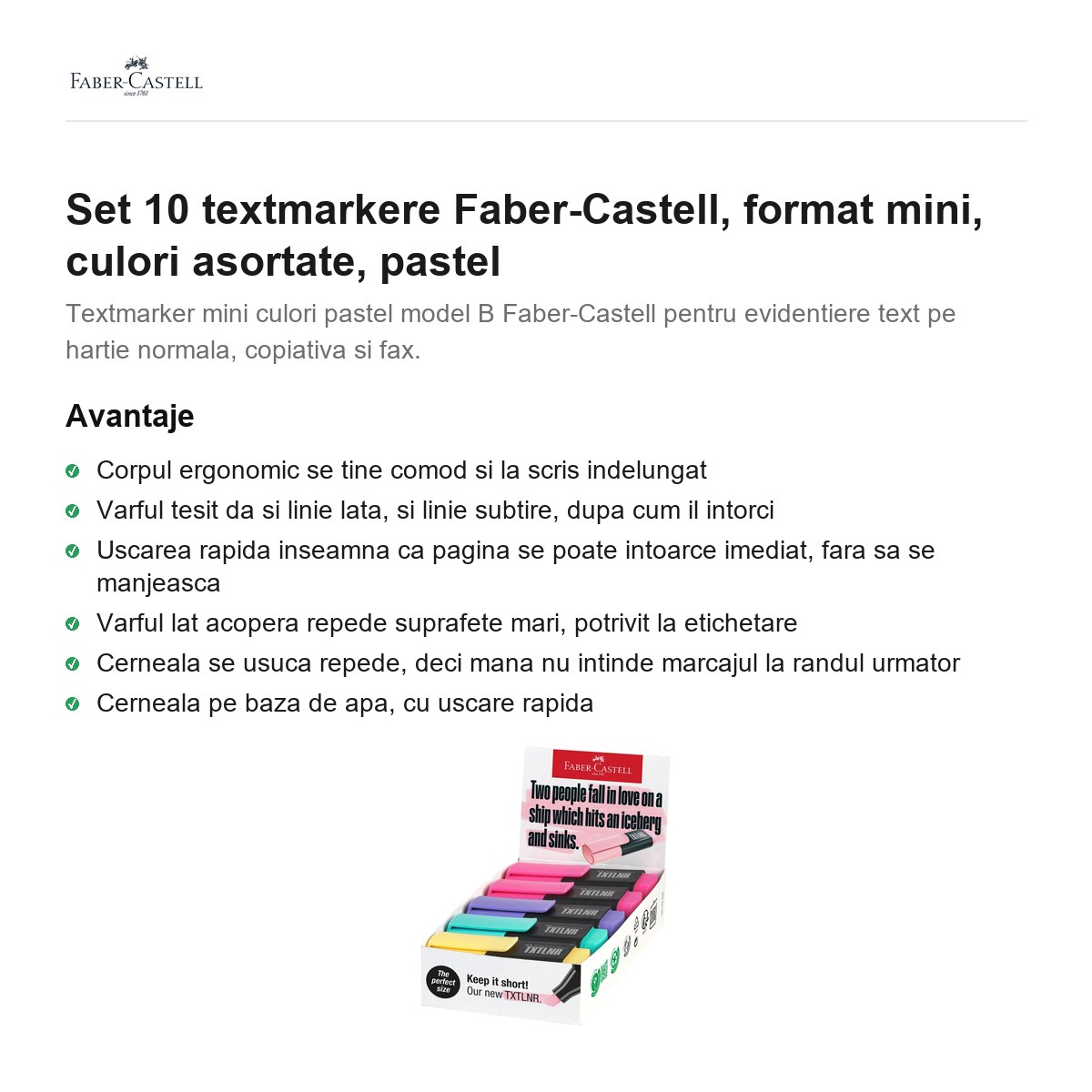 Set 10 textmarkere Faber-Castell, format mini, culori asortate, pastel [2]