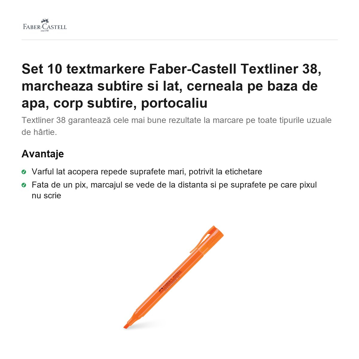 Set 10 textmarkere Faber-Castell Textliner 38, marcheaza subtire si lat, cerneala pe baza de apa, corp subtire, portocaliu [2]