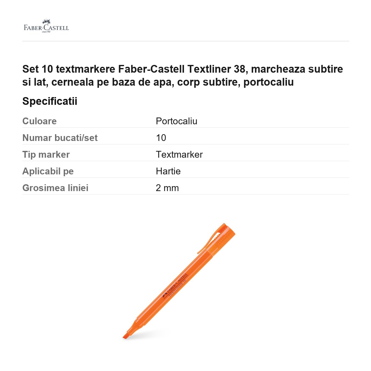 Set 10 textmarkere Faber-Castell Textliner 38, marcheaza subtire si lat, cerneala pe baza de apa, corp subtire, portocaliu [3]