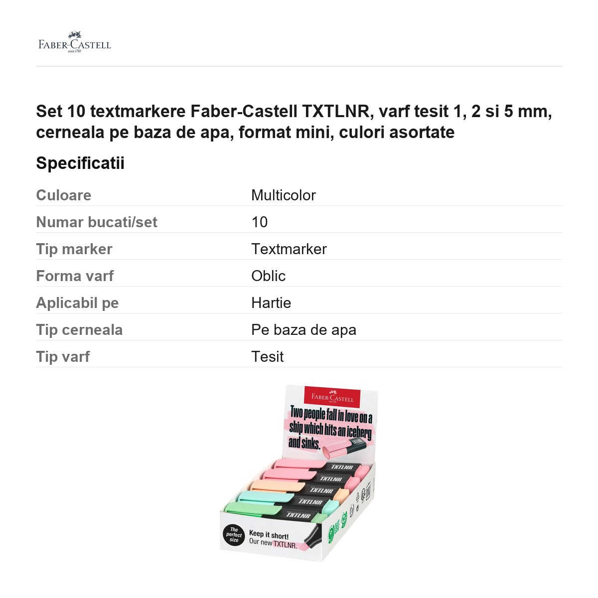 Set 10 textmarkere Faber-Castell TXTLNR, varf tesit 1, 2 si 5 mm, cerneala pe baza de apa, format mini, culori asortate [3]