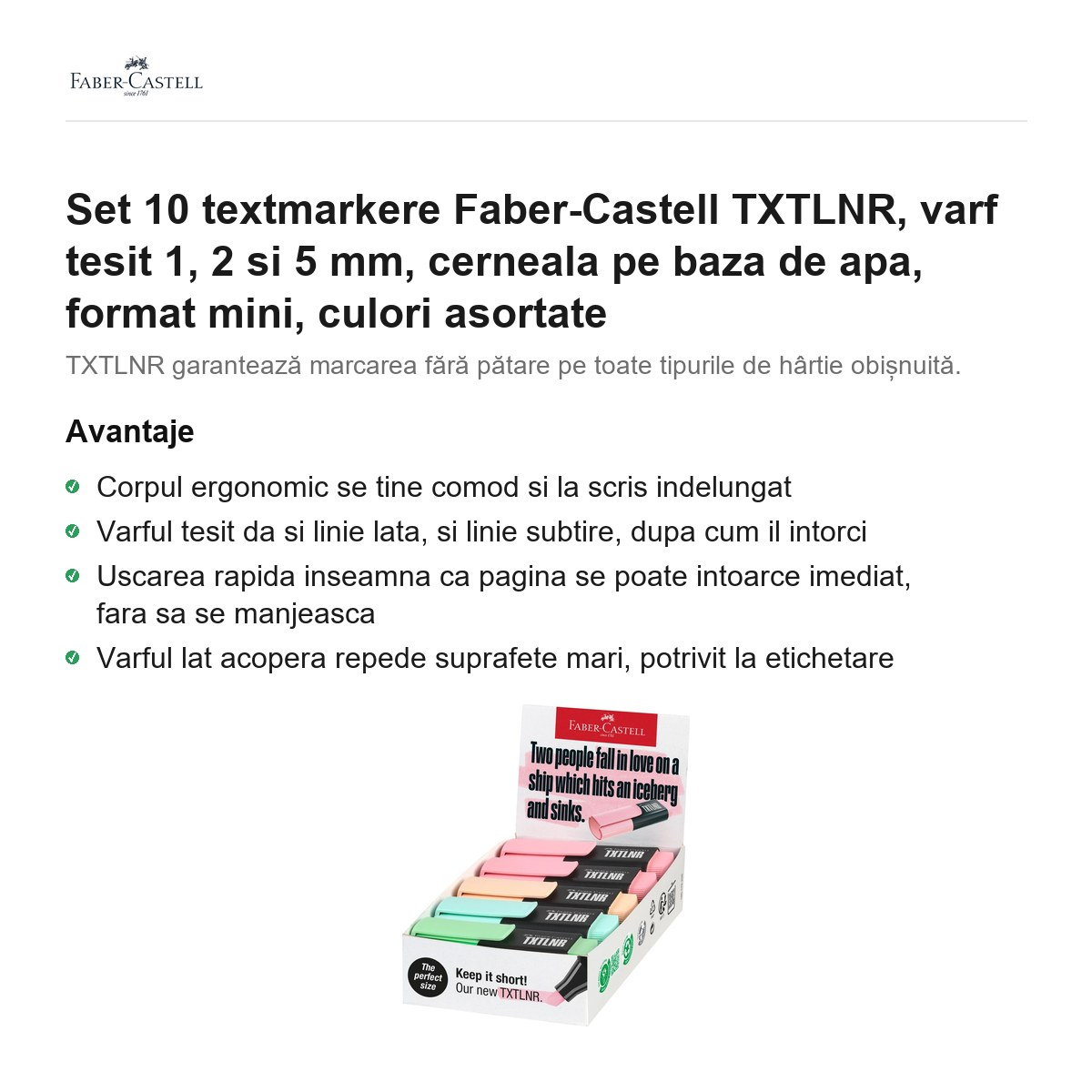 Set 10 textmarkere Faber-Castell TXTLNR, varf tesit 1, 2 si 5 mm, cerneala pe baza de apa, format mini, culori asortate [2]