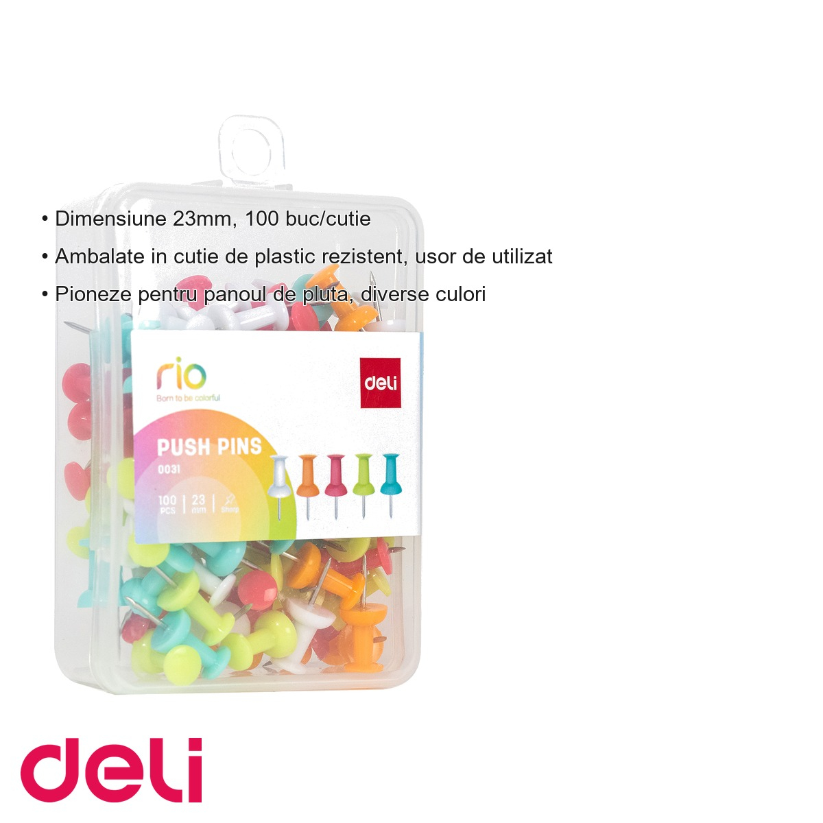 Set 100 pioneze colorate Deli pentru panou de pluta, dimensiune 23mm, diverse culori [3]