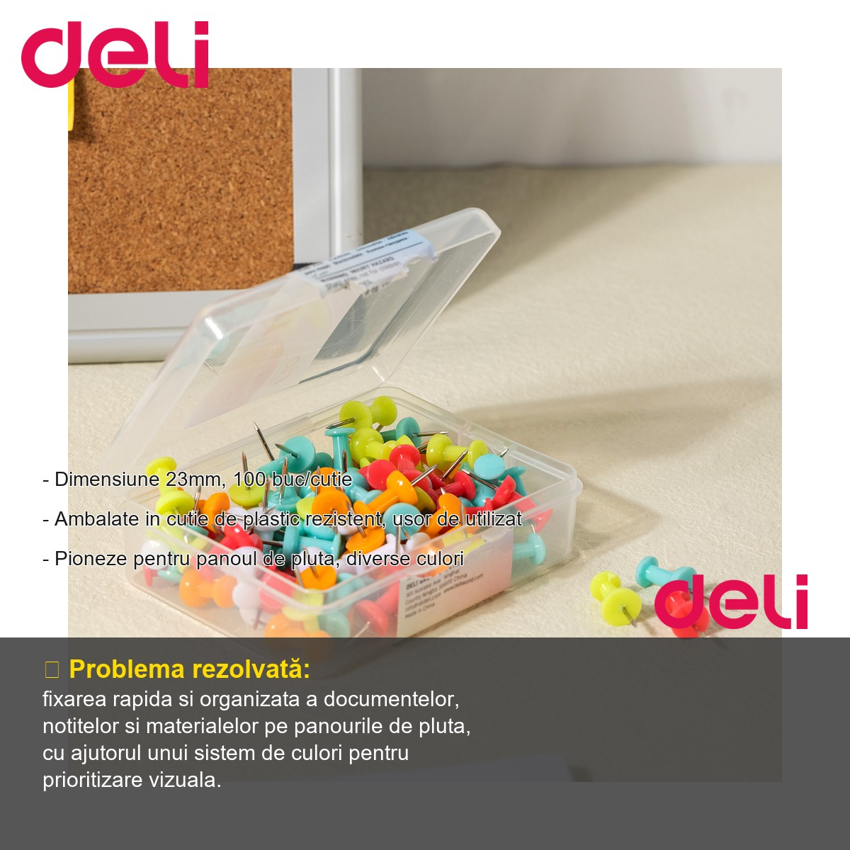 Set 100 pioneze colorate Deli pentru panou de pluta, dimensiune 23mm, diverse culori [2]