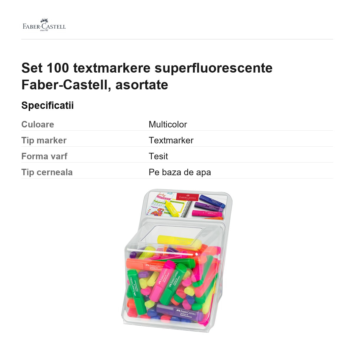 Set 100 textmarkere superfluorescente Faber-Castell, asortate [3]