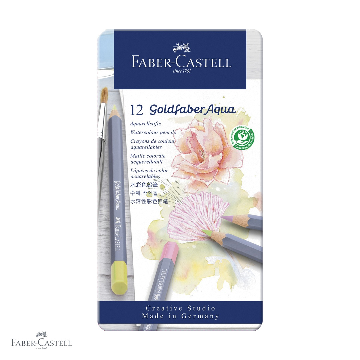 Set 12 creioane colorate acuarela Faber-Castell Goldfaber, culori pastel, cutie metalica [1]