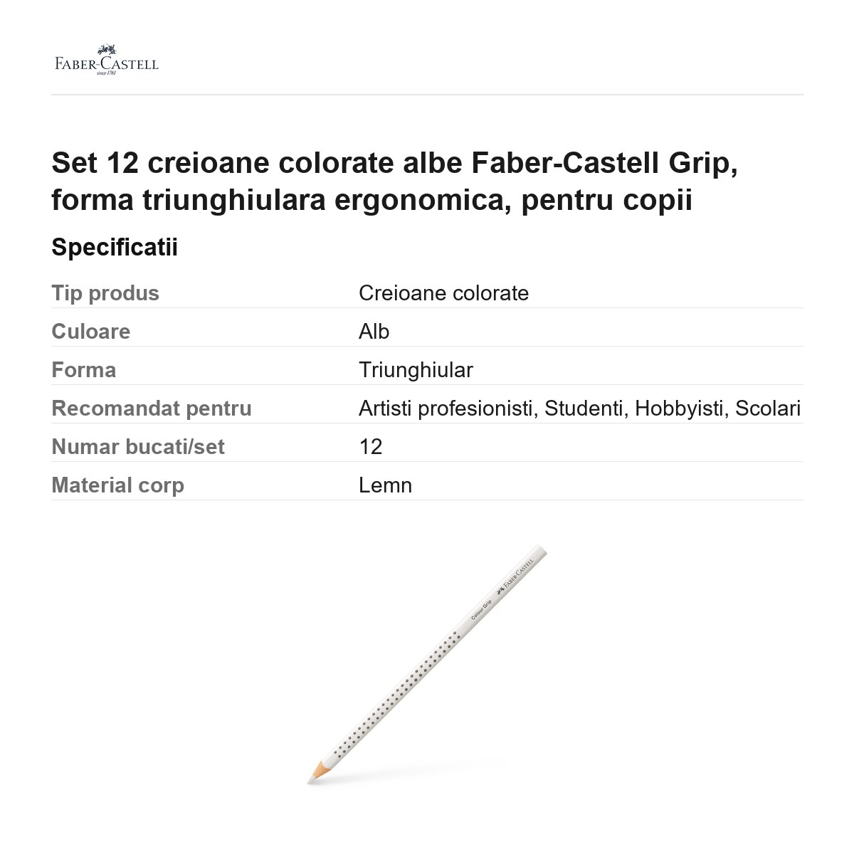 Set 12 creioane colorate albe Faber-Castell Grip, forma triunghiulara ergonomica, pentru copii [3]