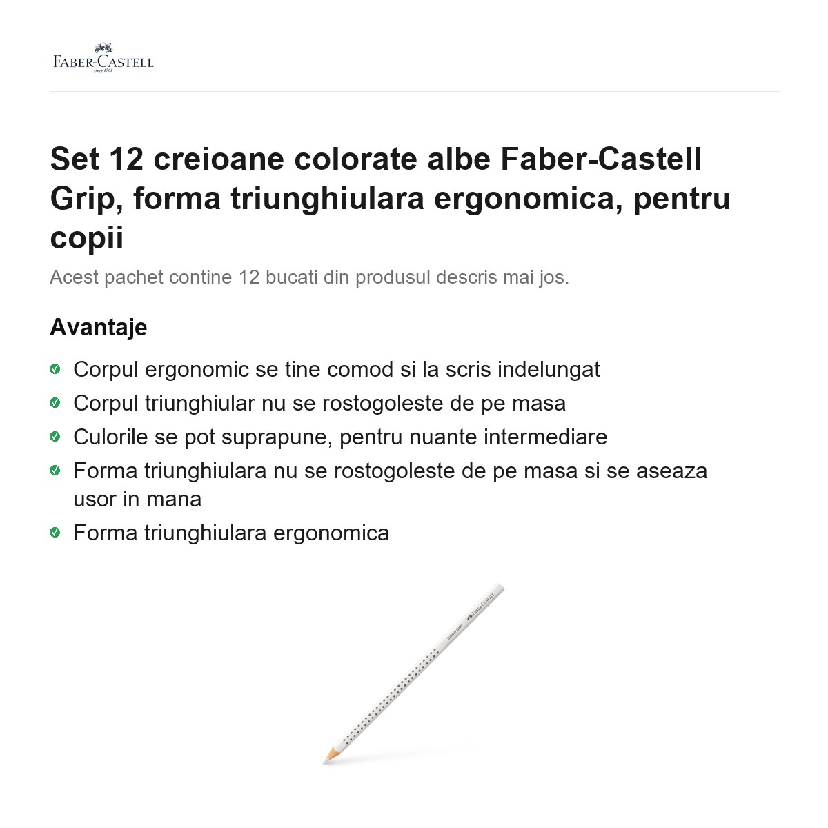 Set 12 creioane colorate albe Faber-Castell Grip, forma triunghiulara ergonomica, pentru copii [2]