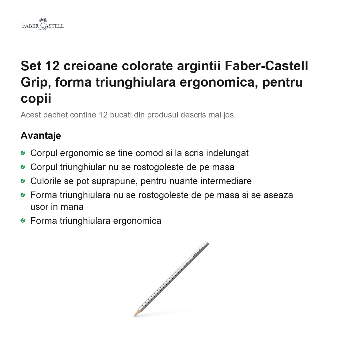 Set 12 creioane colorate argintii Faber-Castell Grip, forma triunghiulara ergonomica, pentru copii [2]