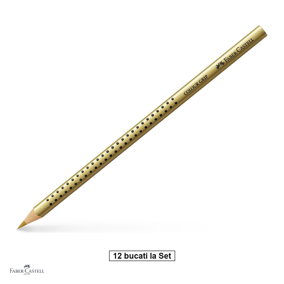 Set 12 creioane colorate aurii Faber-Castell Grip, forma triunghiulara ergonomica, pentru copii [1]
