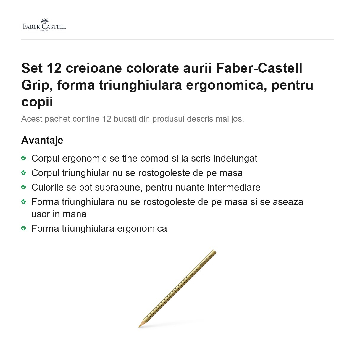 Set 12 creioane colorate aurii Faber-Castell Grip, forma triunghiulara ergonomica, pentru copii [2]