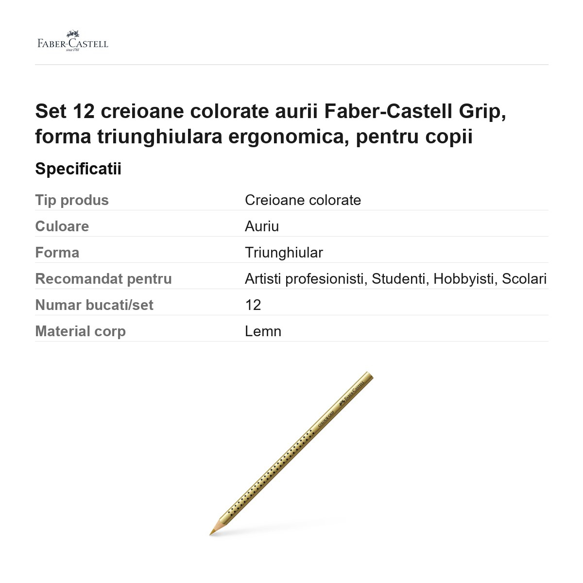 Set 12 creioane colorate aurii Faber-Castell Grip, forma triunghiulara ergonomica, pentru copii [3]