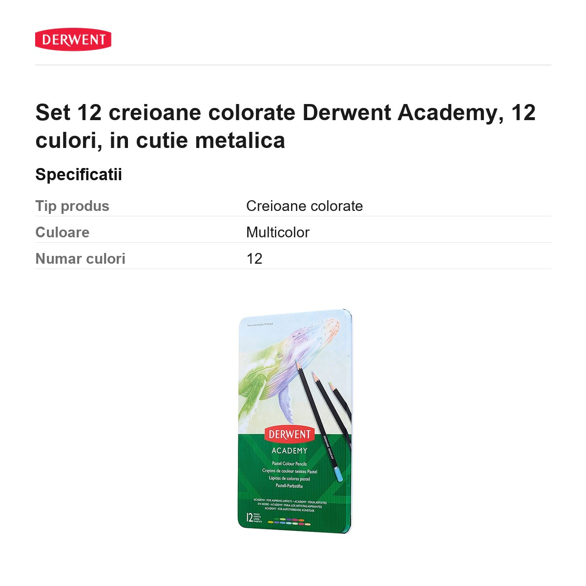 Set 12 creioane colorate Derwent Academy, 12 culori, in cutie metalica [3]