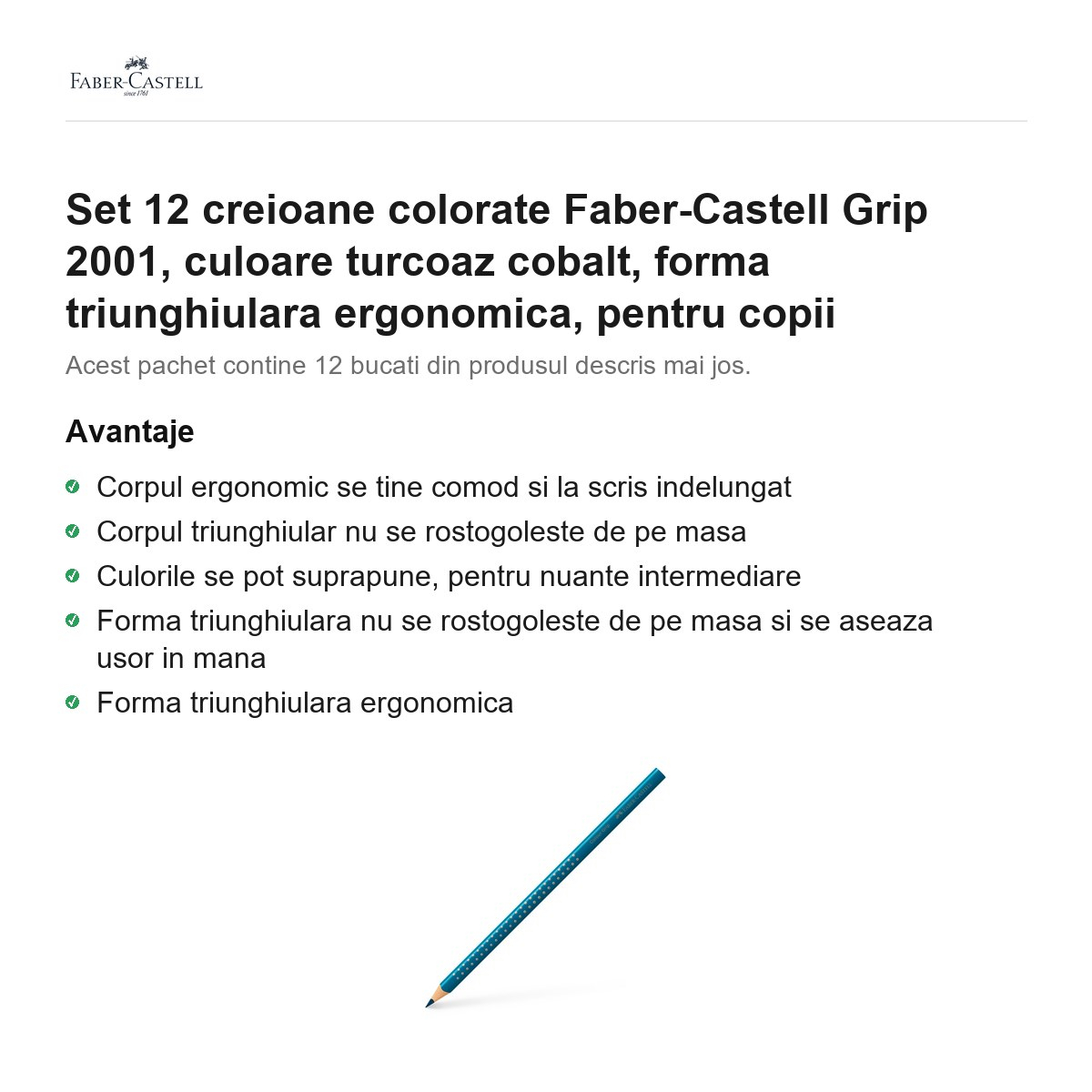 Set 12 creioane colorate Faber-Castell Grip 2001, culoare turcoaz cobalt, forma triunghiulara ergonomica, pentru copii [2]