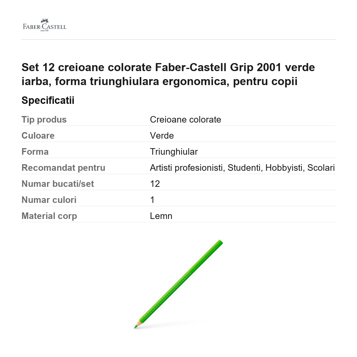 Set 12 creioane colorate Faber-Castell Grip 2001 verde iarba, forma triunghiulara ergonomica, pentru copii [3]