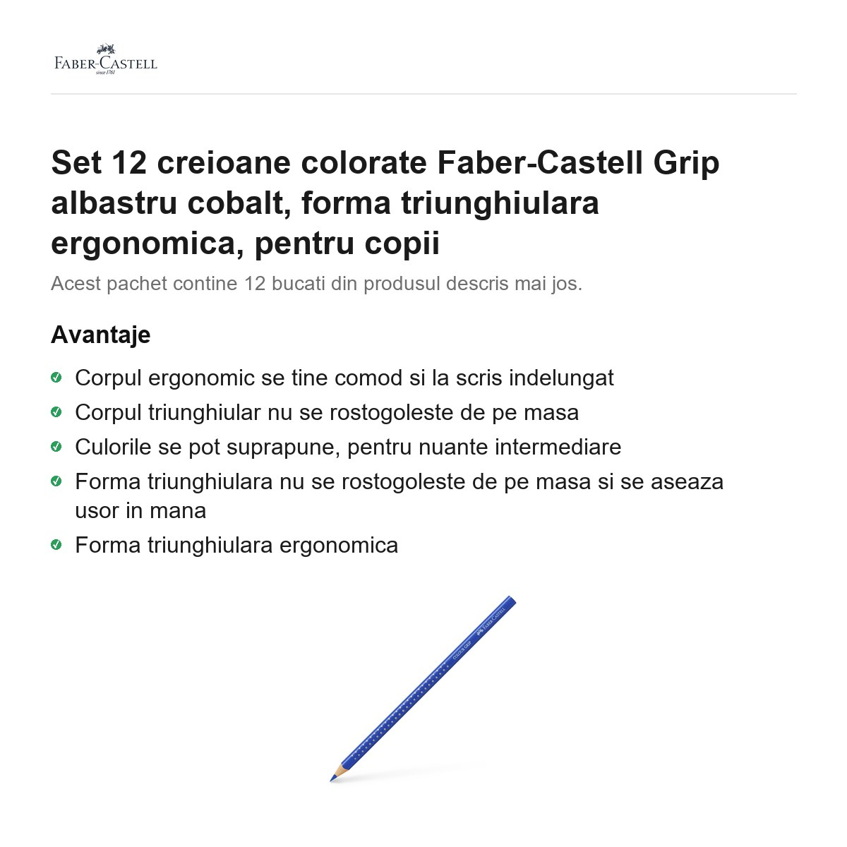 Set 12 creioane colorate Faber-Castell Grip albastru cobalt, forma triunghiulara ergonomica, pentru copii [2]