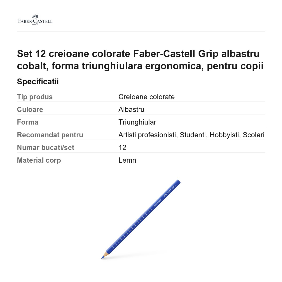 Set 12 creioane colorate Faber-Castell Grip albastru cobalt, forma triunghiulara ergonomica, pentru copii [3]