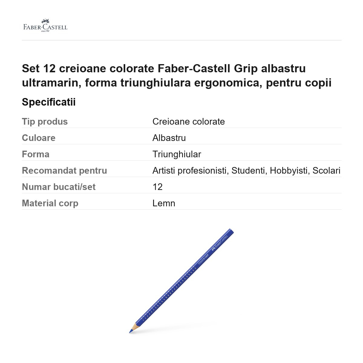 Set 12 creioane colorate Faber-Castell Grip albastru ultramarin, forma triunghiulara ergonomica, pentru copii [3]