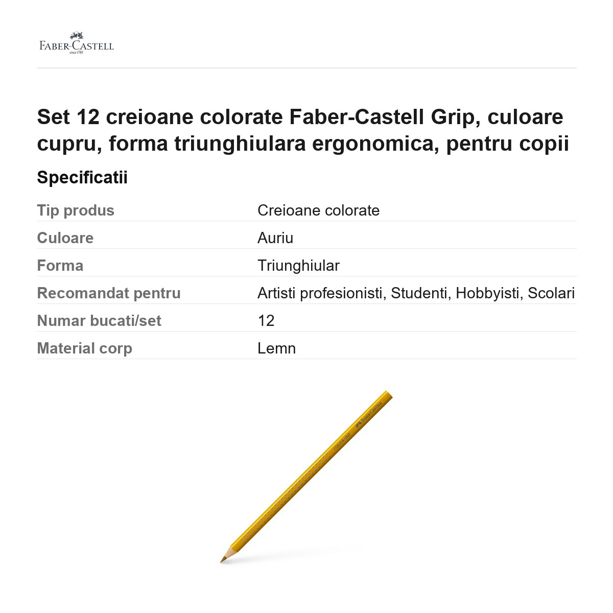 Set 12 creioane colorate Faber-Castell Grip, culoare cupru, forma triunghiulara ergonomica, pentru copii [3]