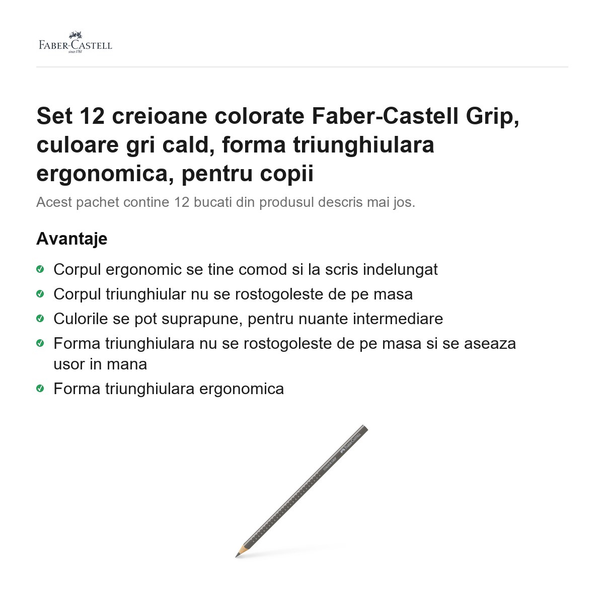 Set 12 creioane colorate Faber-Castell Grip, culoare gri cald, forma triunghiulara ergonomica, pentru copii [2]