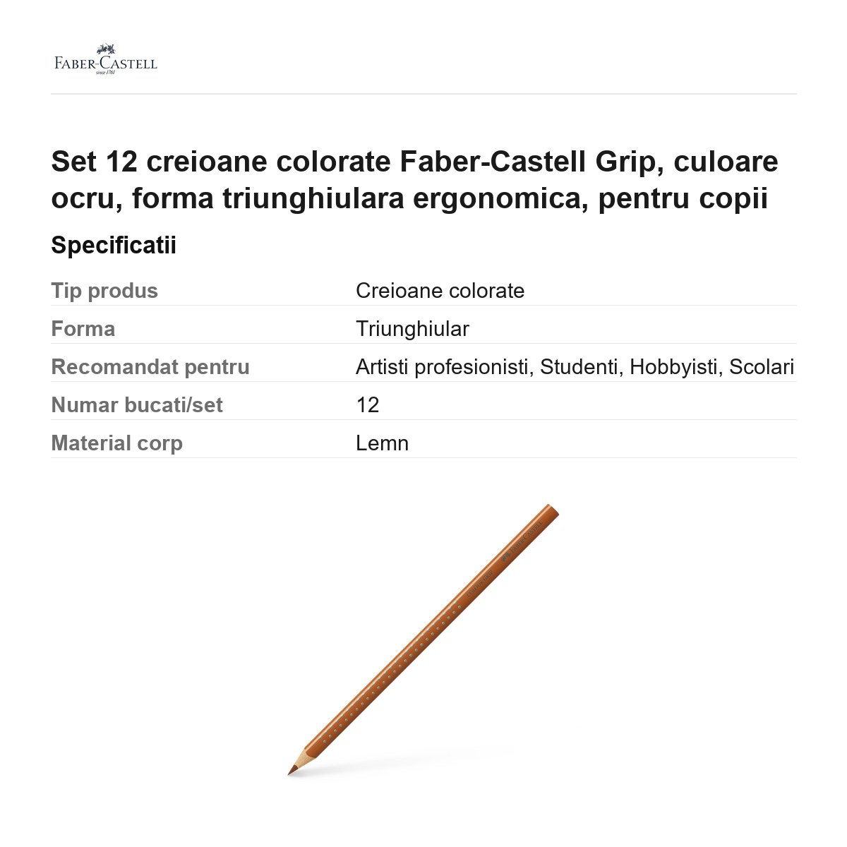 Set 12 creioane colorate Faber-Castell Grip, culoare ocru, forma triunghiulara ergonomica, pentru copii [3]
