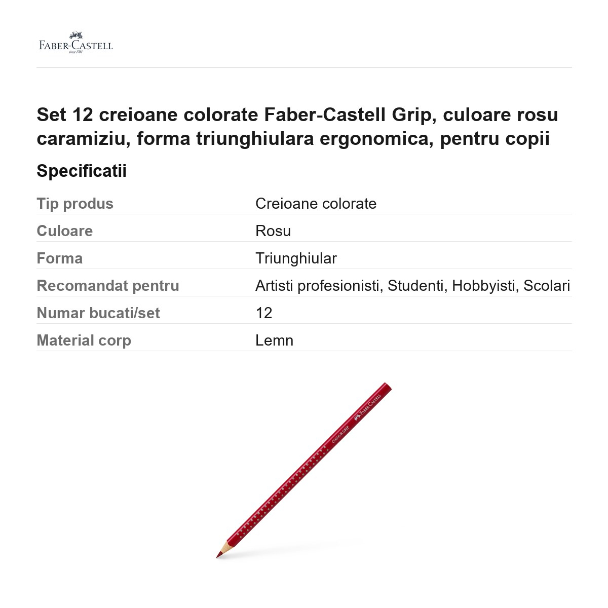 Set 12 creioane colorate Faber-Castell Grip, culoare rosu caramiziu, forma triunghiulara ergonomica, pentru copii [3]