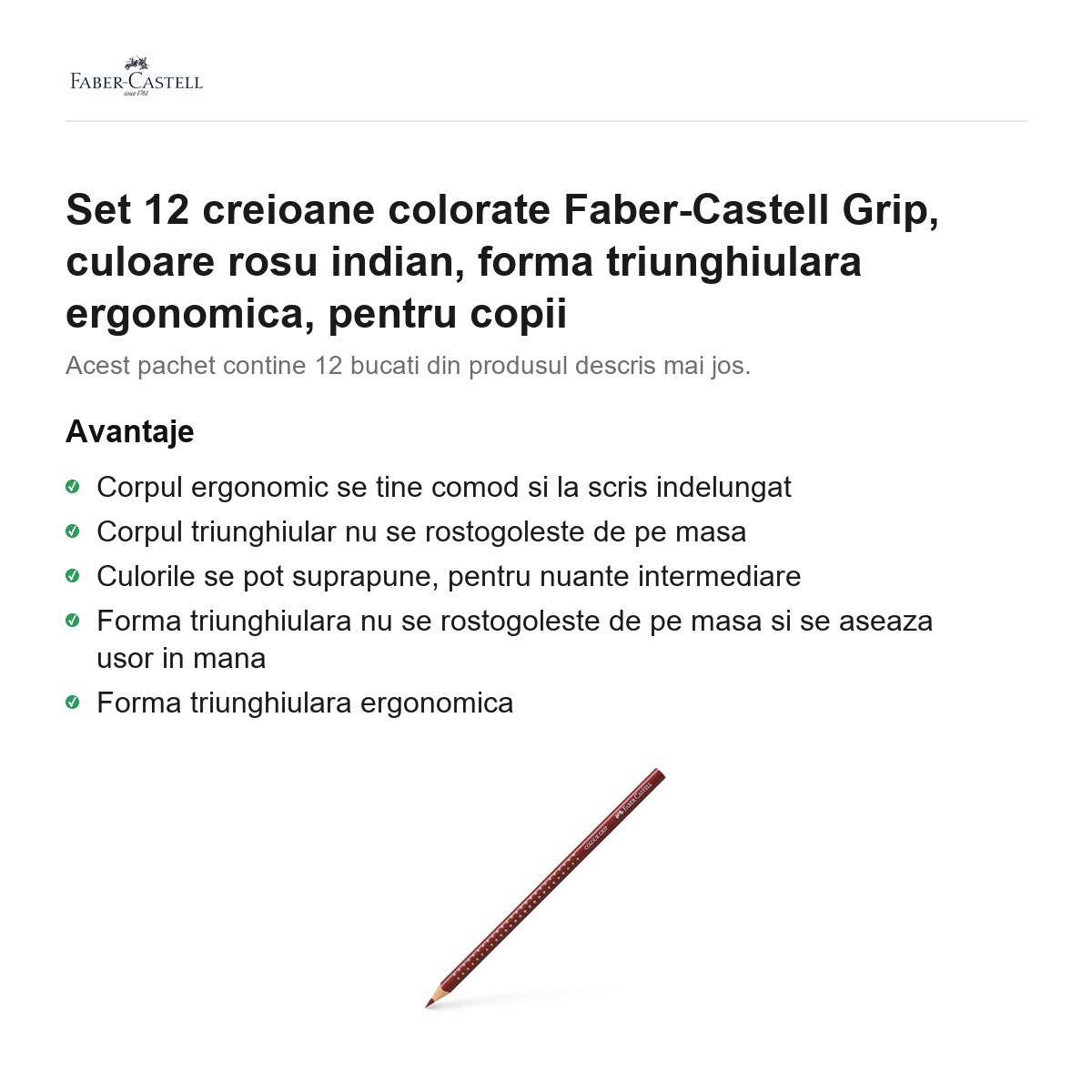 Set 12 creioane colorate Faber-Castell Grip, culoare rosu indian, forma triunghiulara ergonomica, pentru copii [2]