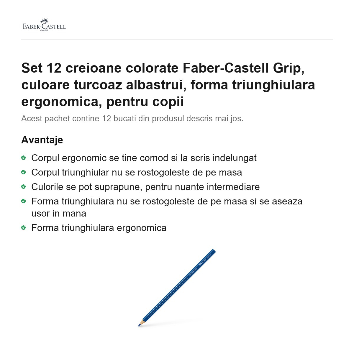 Set 12 creioane colorate Faber-Castell Grip, culoare turcoaz albastrui, forma triunghiulara ergonomica, pentru copii [2]
