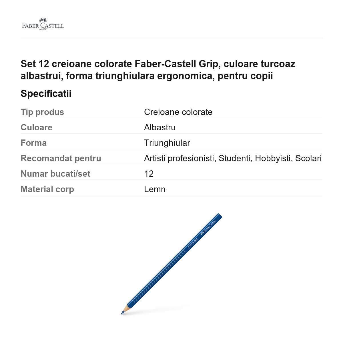 Set 12 creioane colorate Faber-Castell Grip, culoare turcoaz albastrui, forma triunghiulara ergonomica, pentru copii [3]
