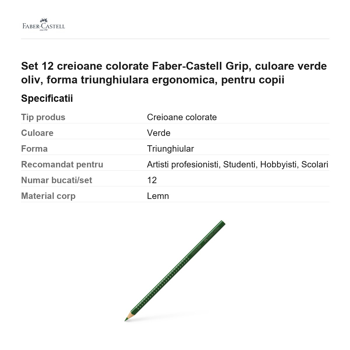 Set 12 creioane colorate Faber-Castell Grip, culoare verde oliv, forma triunghiulara ergonomica, pentru copii [3]