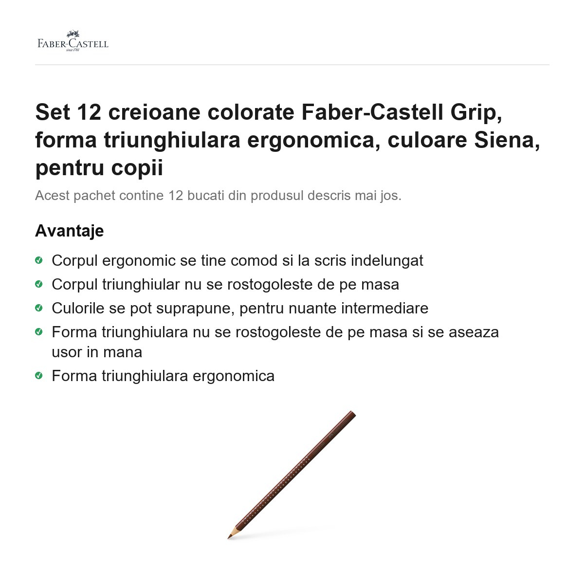 Set 12 creioane colorate Faber-Castell Grip, forma triunghiulara ergonomica, culoare Siena, pentru copii [2]