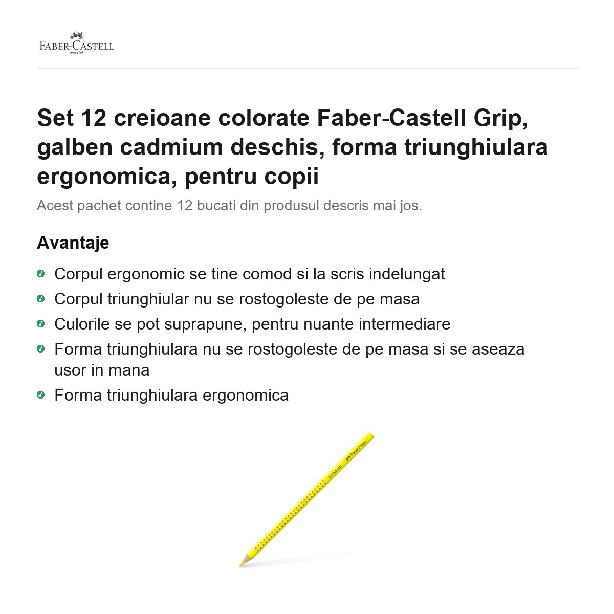 Set 12 creioane colorate Faber-Castell Grip, galben cadmium deschis, forma triunghiulara ergonomica, pentru copii [2]