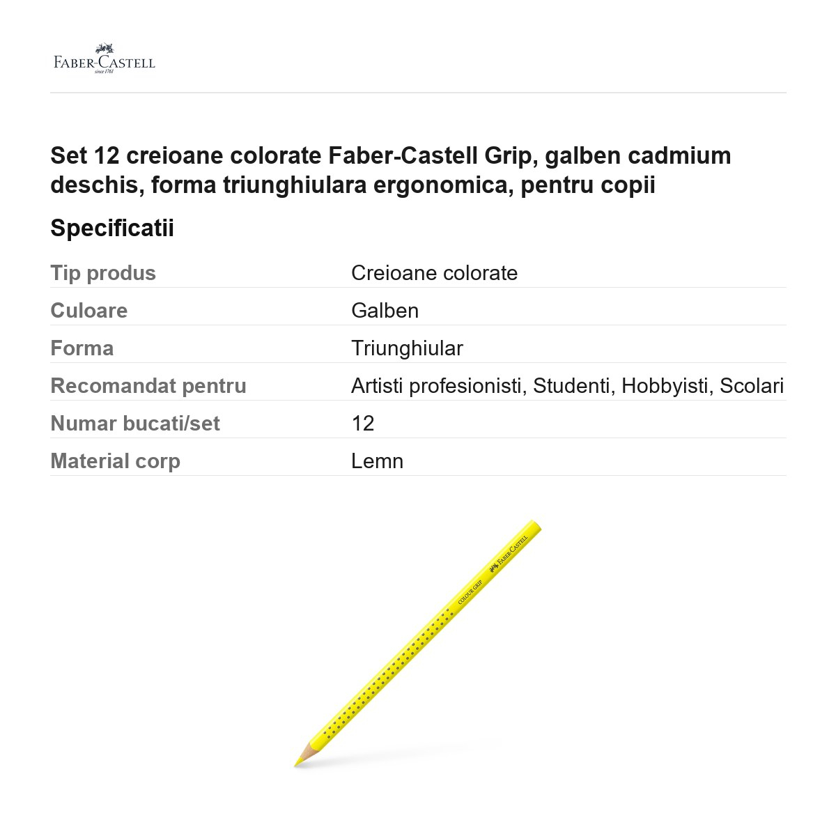 Set 12 creioane colorate Faber-Castell Grip, galben cadmium deschis, forma triunghiulara ergonomica, pentru copii [3]