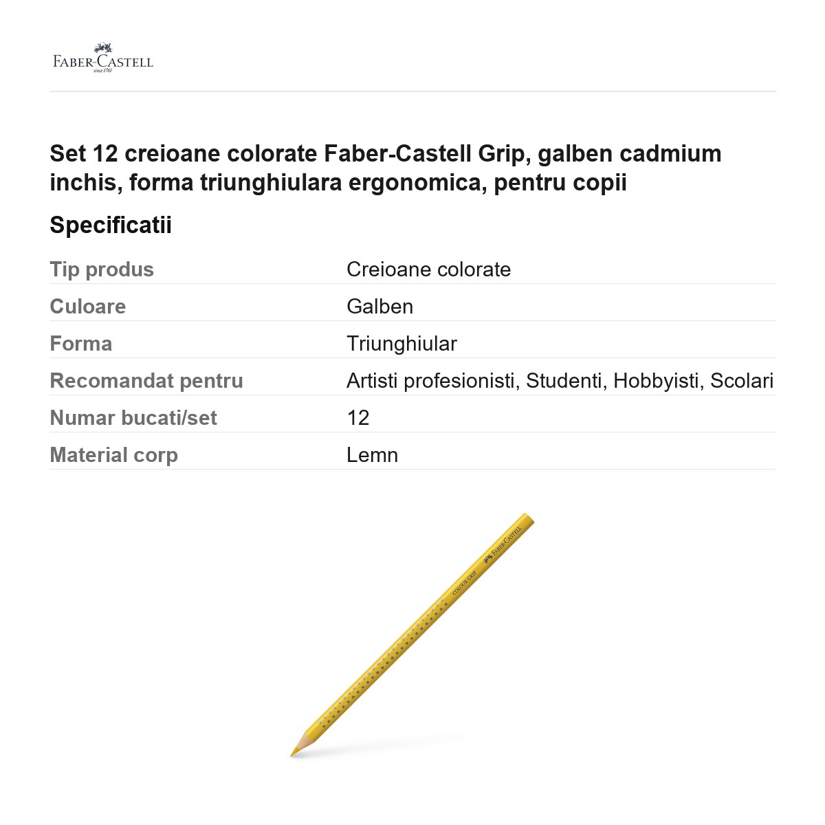 Set 12 creioane colorate Faber-Castell Grip, galben cadmium inchis, forma triunghiulara ergonomica, pentru copii [3]