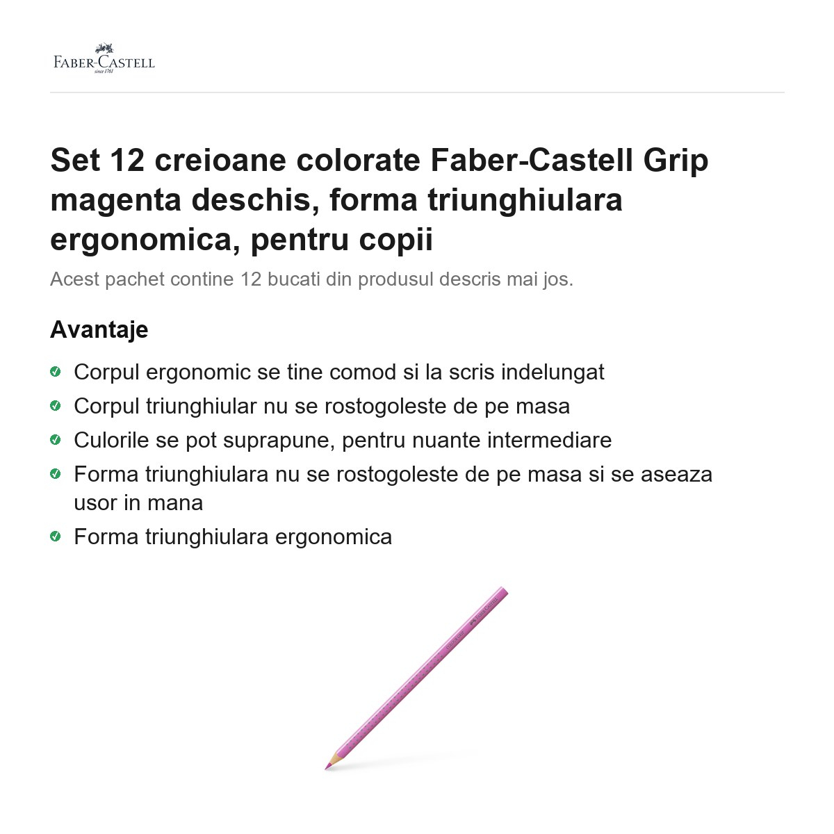 Set 12 creioane colorate Faber-Castell Grip magenta deschis, forma triunghiulara ergonomica, pentru copii [2]