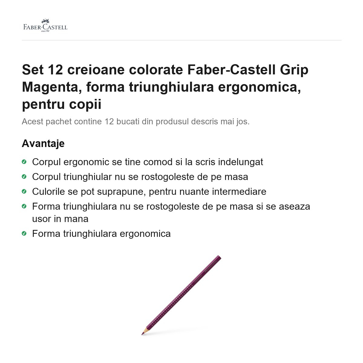 Set 12 creioane colorate Faber-Castell Grip Magenta, forma triunghiulara ergonomica, pentru copii [2]