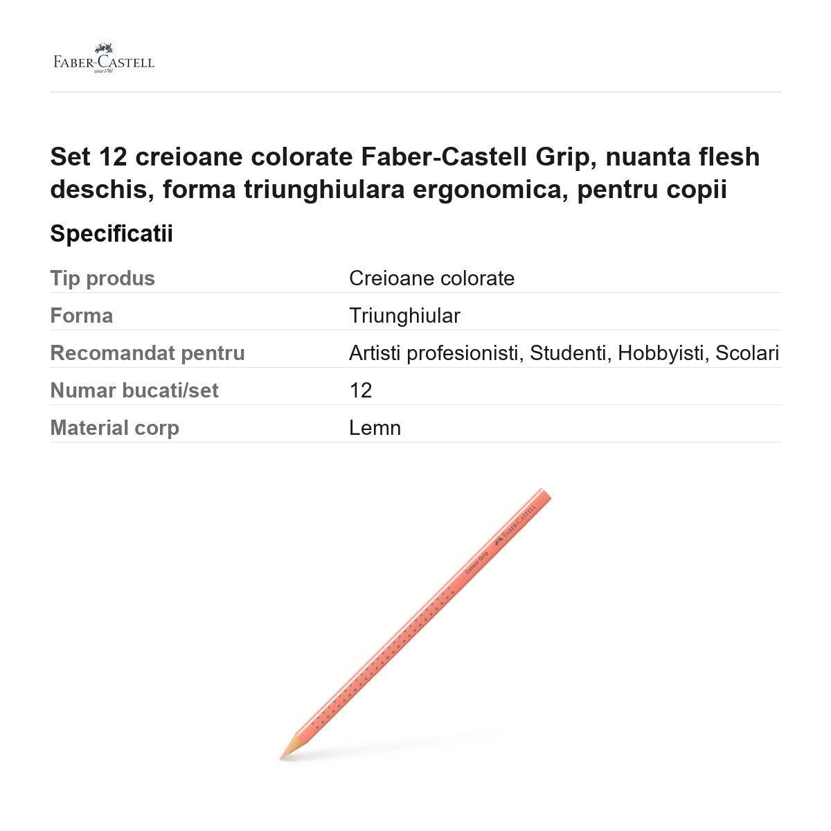 Set 12 creioane colorate Faber-Castell Grip, nuanta flesh deschis, forma triunghiulara ergonomica, pentru copii [3]