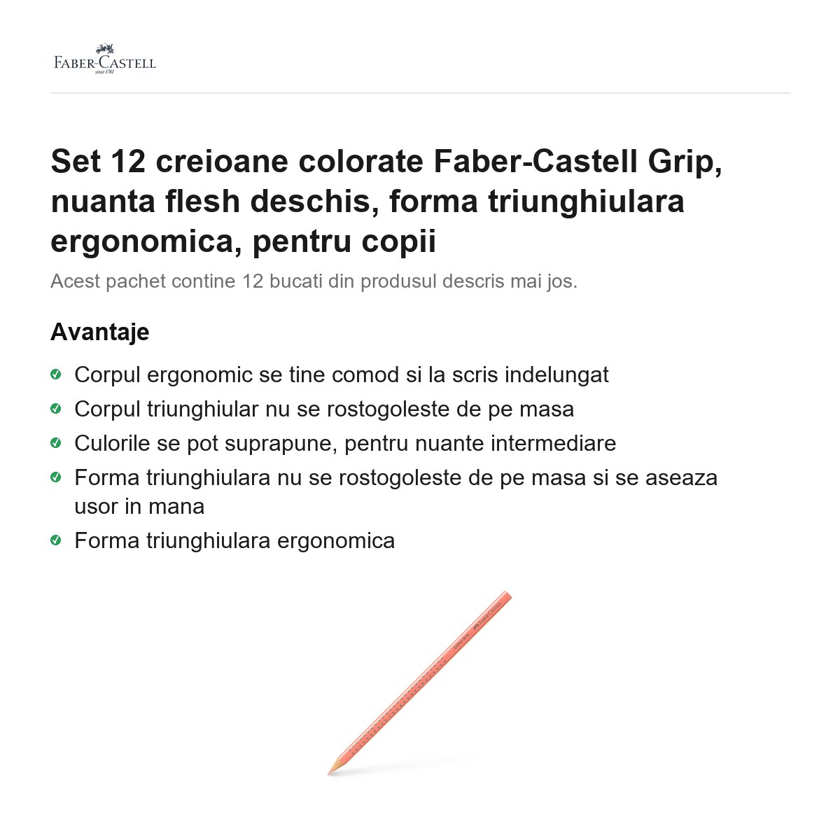 Set 12 creioane colorate Faber-Castell Grip, nuanta flesh deschis, forma triunghiulara ergonomica, pentru copii [2]